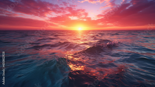 The horizon burns with a fiery orange and deep magenta, as the sun dips below the ocean. © maniacvector