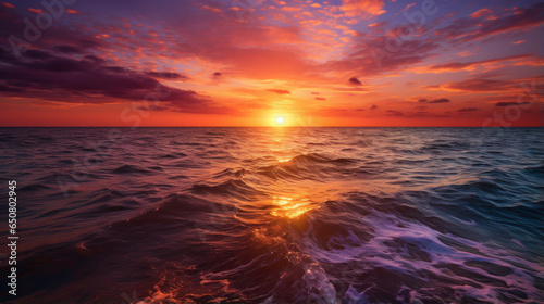 The horizon burns with a fiery orange and deep magenta, as the sun dips below the ocean.