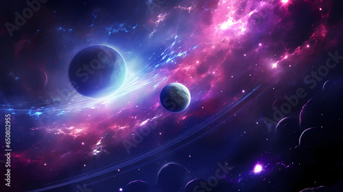 space wallpaper planets purple space with nebulae planet s black hole, in the style of light sky-blue and dark cyan, fantastic landscapes, flickr, free brushwork, lens flare, mystical theme  photo