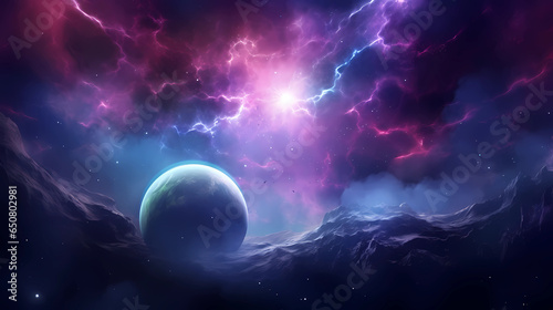 space wallpaper planets purple space with nebulae planet s black hole, in the style of light sky-blue and dark cyan, fantastic landscapes, flickr, free brushwork, lens flare, mystical theme 