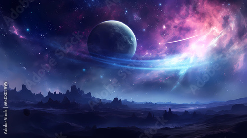 space wallpaper planets purple space with nebulae planet s black hole, in the style of light sky-blue and dark cyan, fantastic landscapes, flickr, free brushwork, lens flare, mystical theme  photo