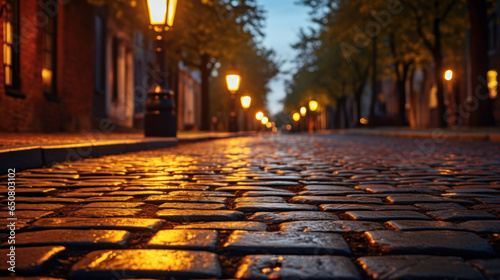 Vintage Streetlight Casting a Warm Glow on a Cobblestone Alley at Dusk.