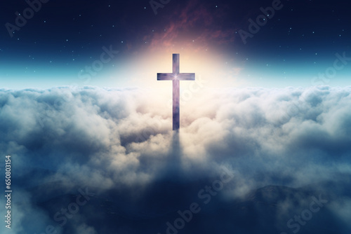 Culture and religion concept. Glowing catholic cross above planet Earth and surrounded clouds. Minimalist and surreal sacral illustration. Generative AI