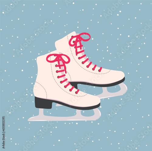Off white ice skater with red laces illustration flat vector on snowing background. Winter activities. Cartoon style. For Christmas and New Year concept. Season greeting.