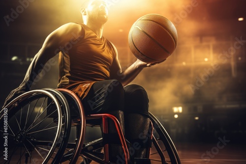 Man in wheelchairs playing basketball. Generative AI 