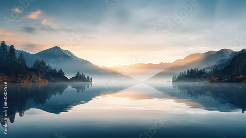 Serene Sunrise Over a Misty Mountain Lake with Reflective Waters.