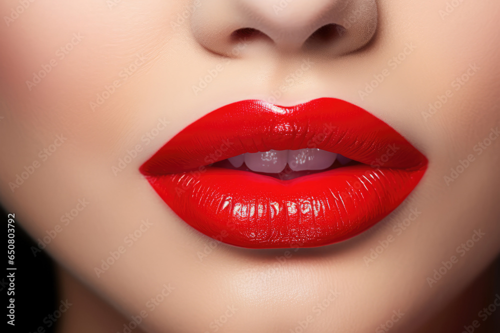 Obraz premium Close Up Of Womans Lips With Bright Red Lipstick