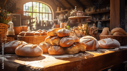 Rustic Bakery Shop with Freshly Baked Bread and Pastries on Display.
