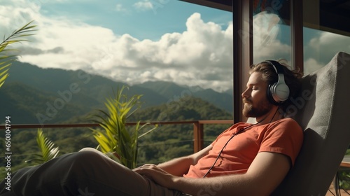 Listen to music with your eyes closed lying on a couch with the sun on your face. Digital lifestyle in Colombia. Digital nomad.