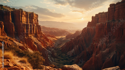 The rising sun illuminates the rugged canyon formation. © maniacvector