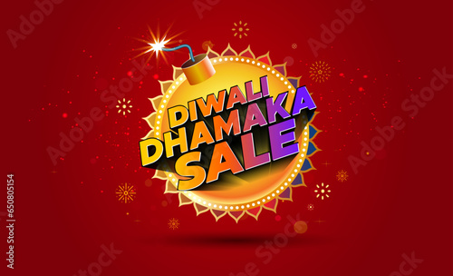 Diwali dhamaka sale offer logo design on red background. 3d vector illustration of indian festival sale advertising concept. 