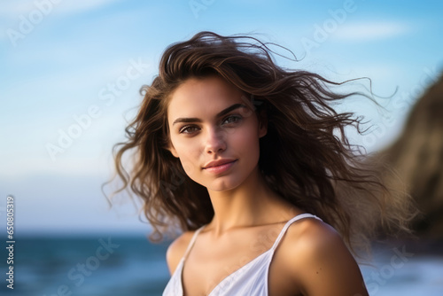 Radiant Young Woman Model Against The Sea Radiant Young Woman Model, Sea Photography, Beauty Of The Coast, Inspiring Confidence
