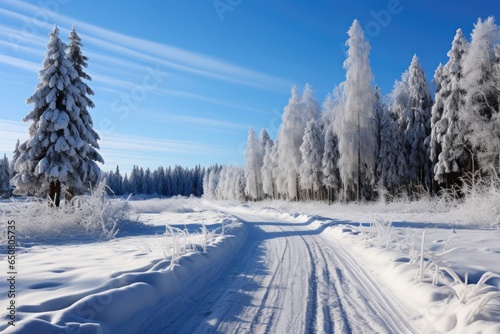 Winter landscape with snow covered trees and road in the forest on a sunny day. Winter road in the forest.  © korkut82