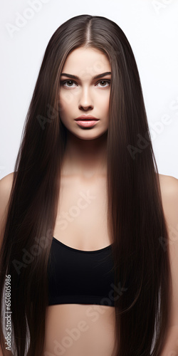 Woman With Brunette Straight Long Hair On White Background photo