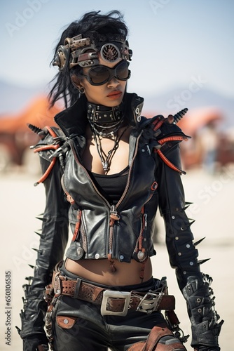 young stylish woman in fashionable costume at burning man music festival, desert style photo