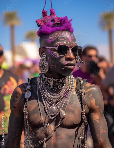 young stylish african guy in fashionable costume at burning man music festival, tribal style