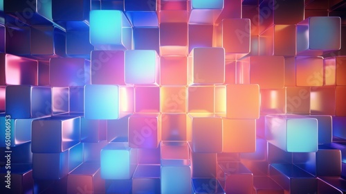 An abstract 3D background wallpaper featuring glass squares that emit colorful  iridescent  neon holographic gradients of light. This design serves as a captivating visual element suitable for banners