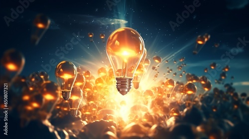 Concepts of idea and inspiration illustrated by a rocket-shaped lightbulb soaring above a cluster of other lightbulbs. Symbolizing the launch of a business startup or the path to achieving success.