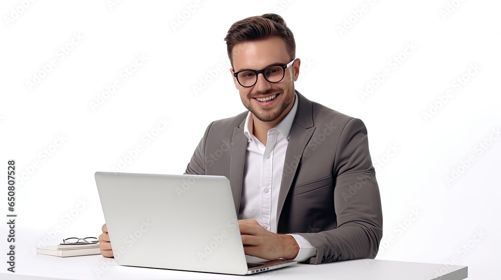 working man, Portrait of smiling male in work clothes using laptop, sit at office and doing research, copy space, happy cheerful cute business, positive energy, Business plan, men executive