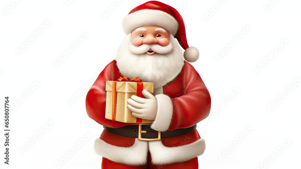 Christmas Santa Claus with bag of gifts box on white background, 3D santa