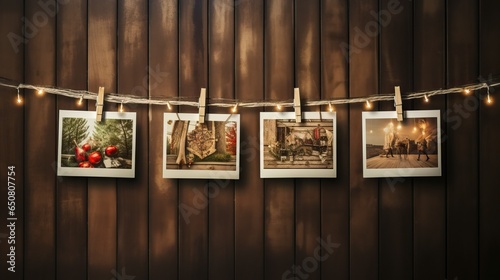 Christmas photos hanging on rope on wooden wall
