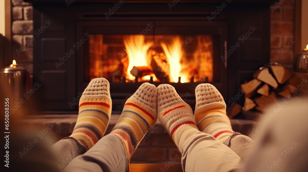 Family feet in wool socks at fireplace