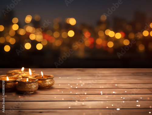 Blank wooden tabletop with light lantern for diwali festival background