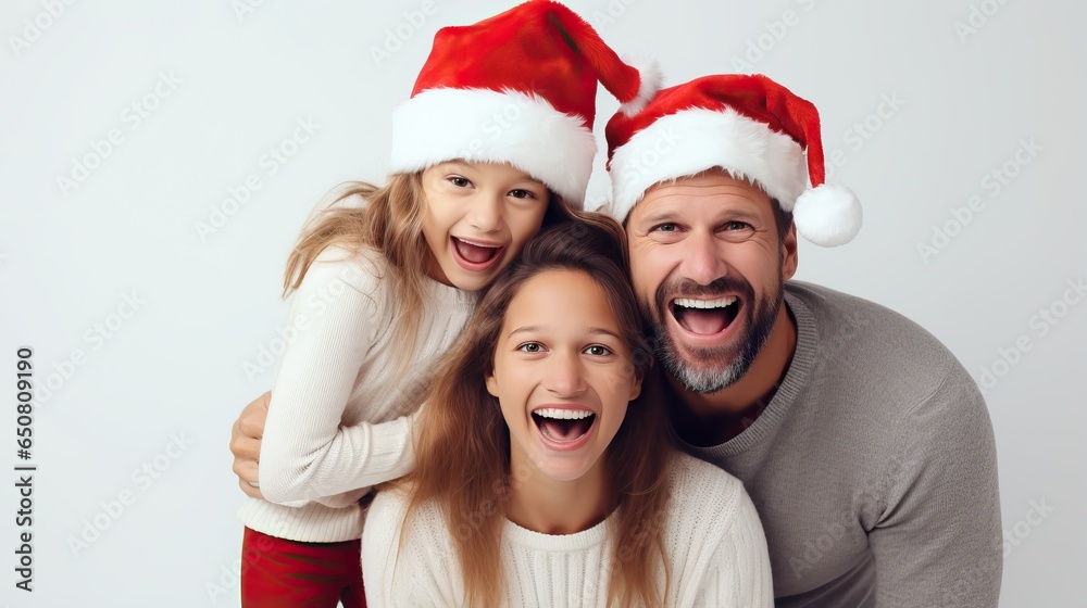 Family have christmas party at home. Funny father mother and kid on white background Family have christmas party at home. Funny father mother and kid on white background