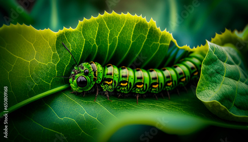 Caterpillar on vegetable leaves, pest control in agriculture concept. Generative AI, photo