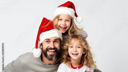 Family have christmas party at home. Funny father mother and kid on white background