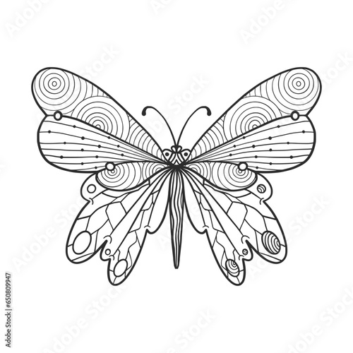 Hand drawn butterfly zentangle for t-shirt design or tattoo. Coloring book for kids and adults.
