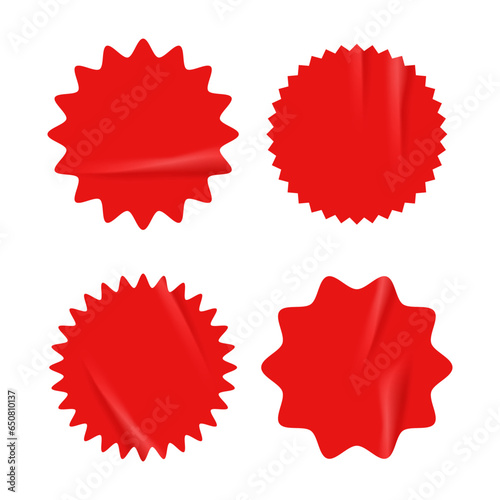 Set of red starburst with crumpled grunge retro texture. Plastic glued stickers for price, sale, discount, promotional, ad. Vector illustration isolated on transparent background