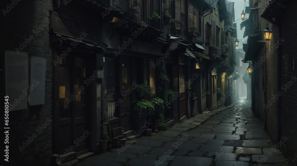 Evoke the eerie and evocative atmosphere of wandering through the labyrinthine streets of a city. Created with generated ai technology 