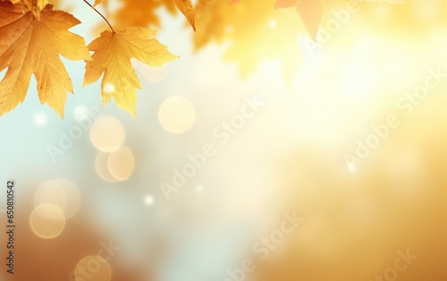 Autumn background with leaves and blurry lights. Generative AI