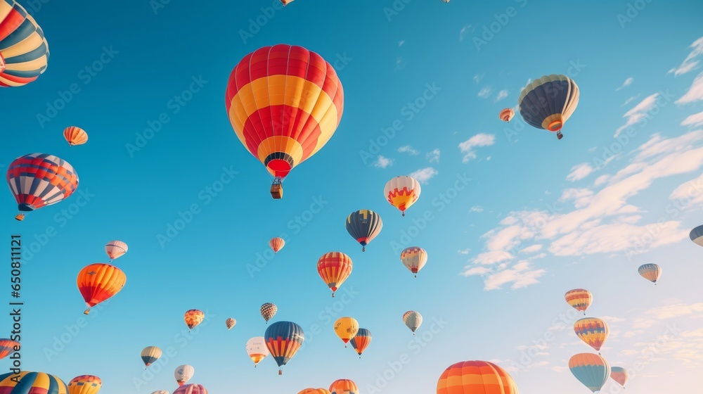 a cluster of vibrant hot air balloons ascending into a clear blue sky a cluster of vibrant hot air balloons ascending into a clear blue sky