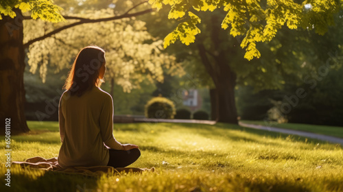 Woman deeply immersed in meditation, finding tranquility in a serene park setting