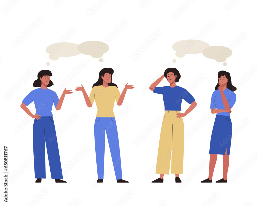 Fototapeta premium Set of chatting people with speech bubbles. Women meet and talk with each other. Dialogues between female characters