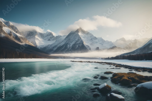 Majestic mountains with snow and water views