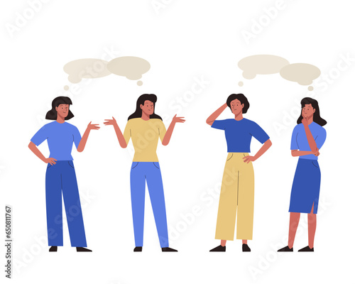 Set of chatting people with speech bubbles. Women meet and talk with each other. Dialogues between female characters