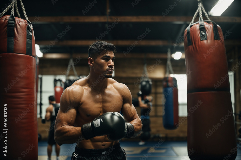 A boxer with black gloves training in a gym. Generative AI.