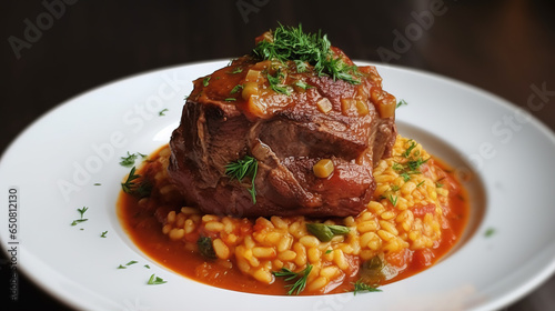Osso Buco alla Milanese A succulent, slow-cooked veal shank braised in a rich tomato and red wine sauce, served atop a bed of velvety saffron risotto. The dish is adorned with a gremolata of lemon ze