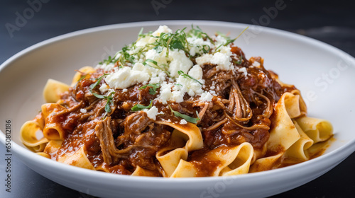 Pappardelle with Wild Boar Ragu Wide, flat pappardelle noodles enveloped in a hearty, slow-cooked wild boar ragu. The dish is topped with a dollop of ricotta cheese and a sprinkling of fresh thyme le photo