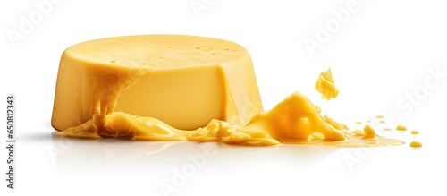 Isolated burger cheese on white background Flying cheese with shadow Cheese dripping off round object mockup