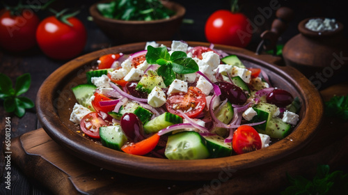 salad with feta cheese tomatoes cucumbers pepper, generative ai.