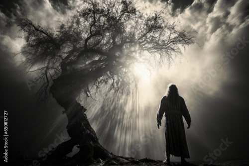 Silhouette of Abraham the father of faith in a nocturnal landscape talking to God next to a big tree Generative AI Illustration