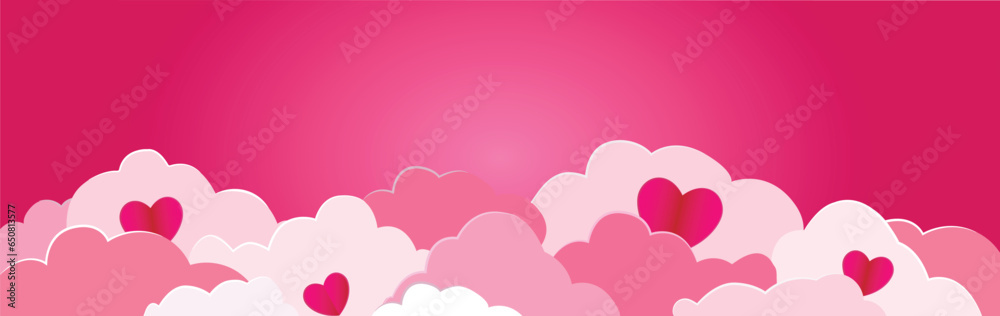Happy Valentine's day blank background, beautiful paper cut clouds with 3d red hearts on pink background. Vector illustration. Papercut style.