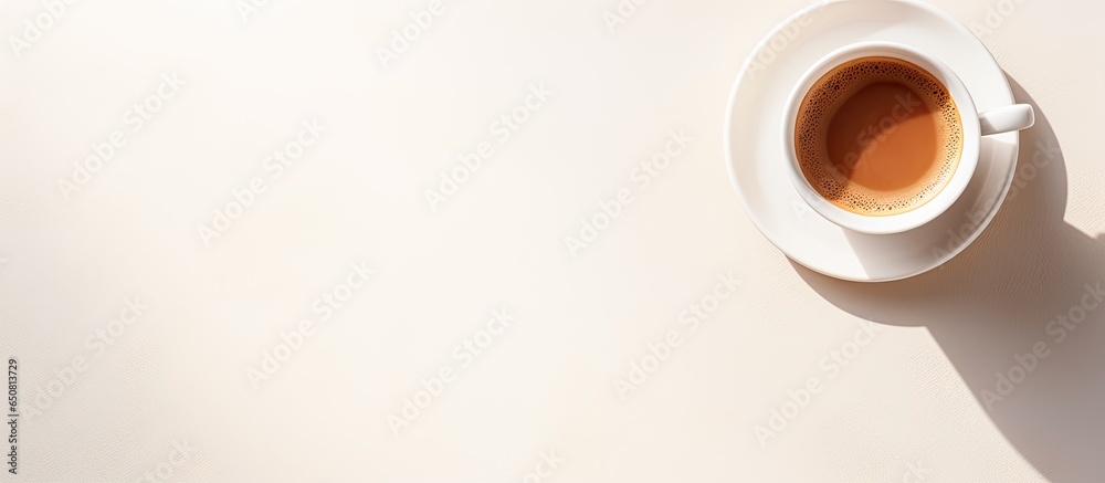 Minimalist summer still life morning espresso on table white background top view hard light - obrazy, fototapety, plakaty 