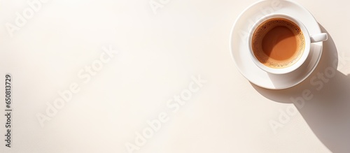 Minimalist summer still life morning espresso on table white background top view hard light