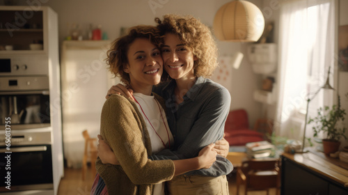 Two cute lesbian women smiling in the living room. International day for Tolerance