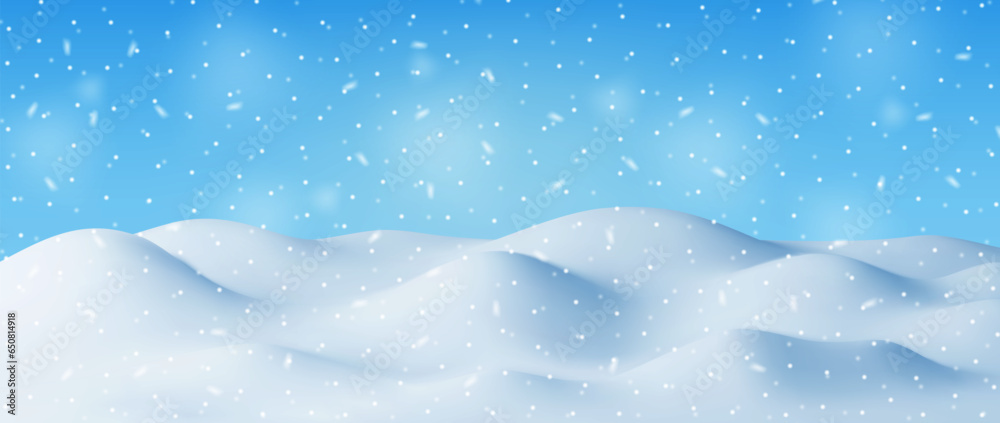 3D Winter Landscape with Snowdrifts and Snow. Render Christmas Snow Drifts on Blue Sky Background. Winter Snow Ground, Snowdrift Mound, Ice layer. Realistic Vector Illustration